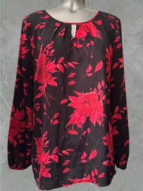 2 for $30 | Talbots Black Blouse with Red Floral Print and Keyhole